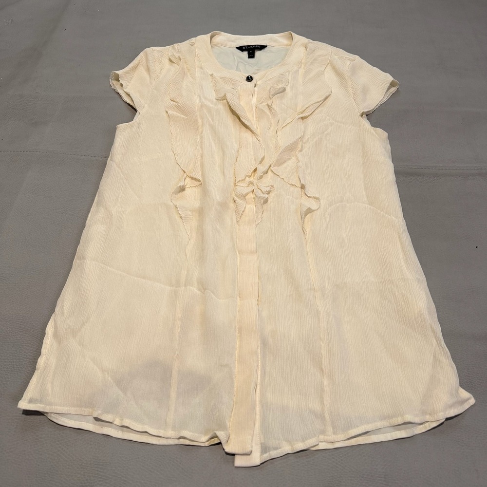 Y2K St. John Ivory 100% Pure Silk Ruffle Cap Sleeve Blouse Old Money Top-M6780